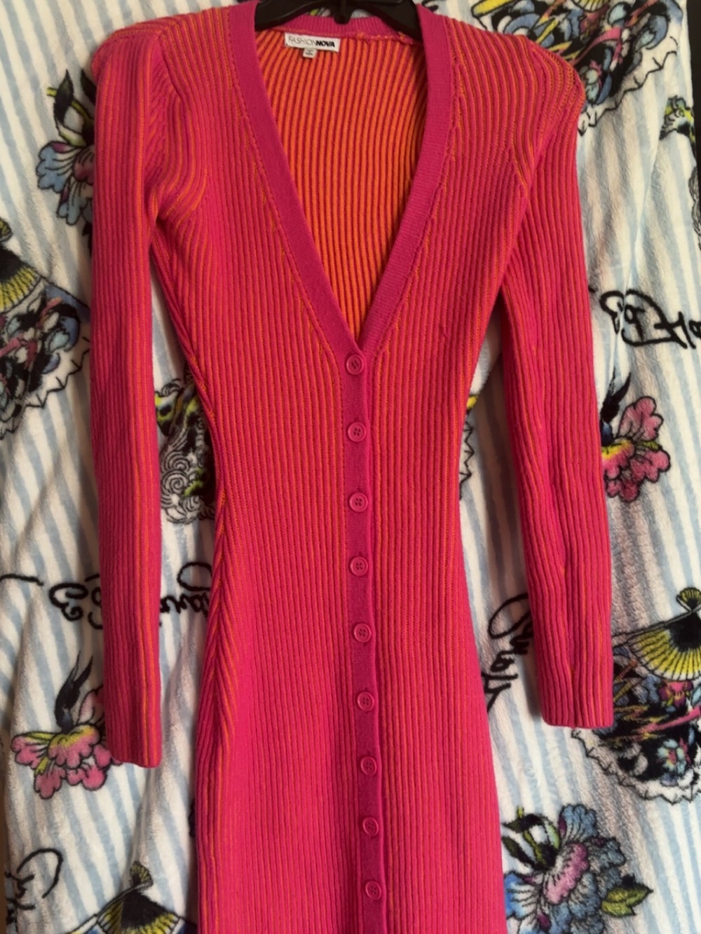 Fashion Nova Ribbed Button-Front Long Cardigan Dress in Hot Pink